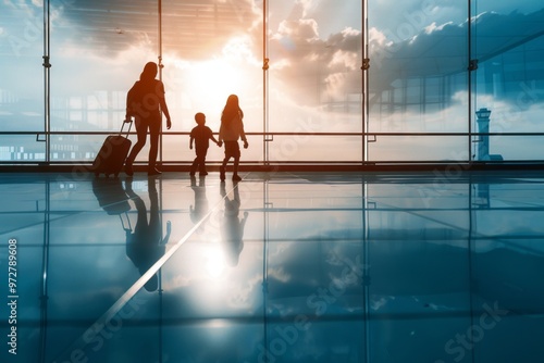Family Travelers Walking Through Airport Terminal Towards Sunset With Luggage and Kids in Hand