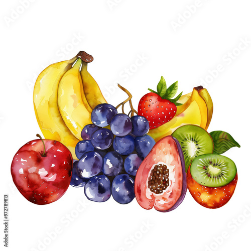 Watercolor painting of a vibrant fruit still life with apples, pears, bananas, grapes, cherries
