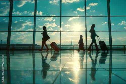 Travelers Walking Through Airport Terminal During Sunset With Luggage in Hand