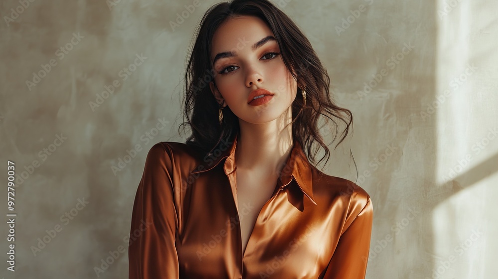 Photo of lovely stunning pretty lady wear brown satin stylish blouse demonstrate empty space Photo of lovely stunning pretty lady wear brown satin stylish blouse demonstrate empty space