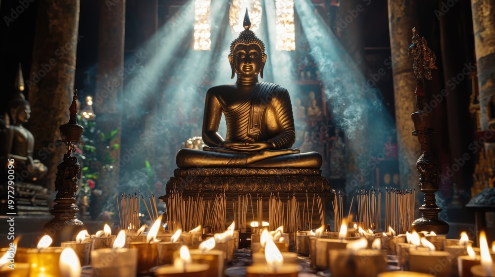 Buddha statue in a temple, with incense sticks and candles lit by monks and devotees during Buddha statue in a temple, with incense sticks and candles lit by monks and devotees during