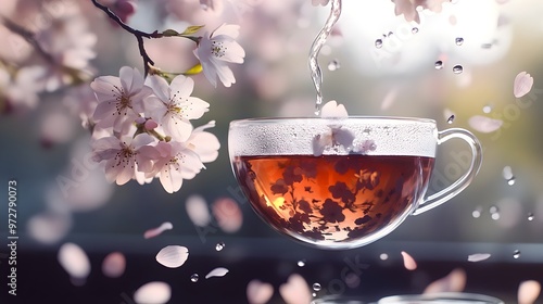 Lively Explosion of Japanese Sakura Tea with Delicate Floral Suspension photo