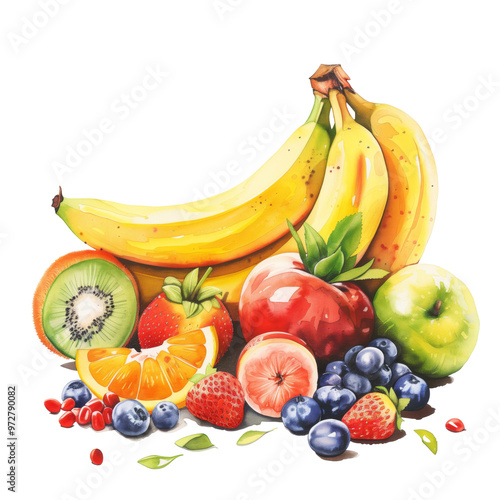 Watercolor painting of a vibrant fruit still life with apples, pears, bananas, grapes, cherries
