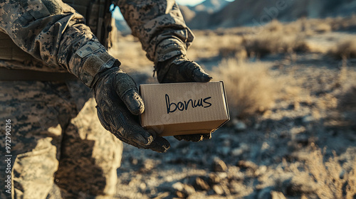 Soldier in camouflage holds cardboard box with the word 