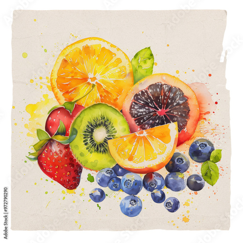 Watercolor painting of a vibrant fruit still life with apples, pears, bananas, grapes, cherries
