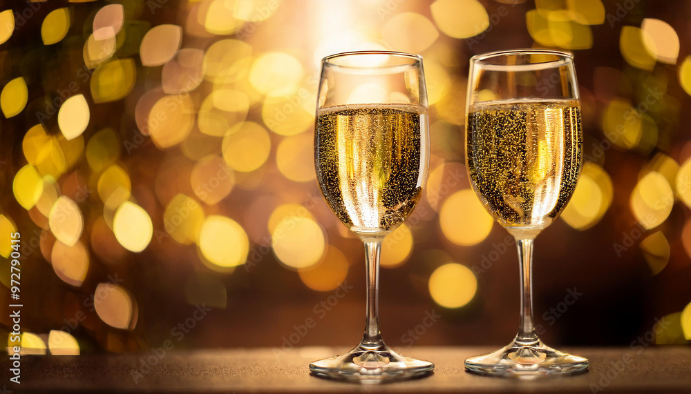 Glasses of champagne with golden bokeh on background. Alcoholic drink. Tasty festive beverage. Glasses of champagne with golden bokeh on background. Alcoholic drink. Tasty festive beverage.