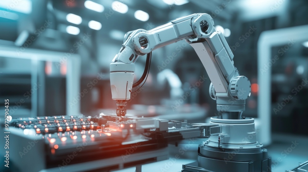 An industrial robot arm assembling battery cells in a factory, with blurred movement conveying speed and precision An industrial robot arm assembling battery cells in a factory, with blurred movement conveying speed and precision