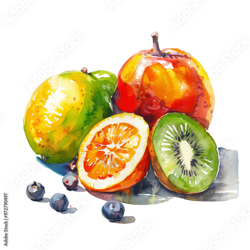 Watercolor painting of a vibrant fruit still life with apples, pears, bananas, grapes, cherries
