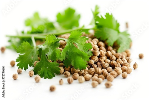 A fresh Coriander seed and Coriander seed Power isolated on white