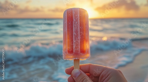 Close-Up of a Hand Holding a Pink Popsicle with Red and White Stripes on the Beach at Sunset, Capturing the Essence of Summer Vacation with a Sea Background

