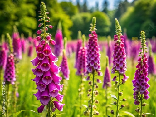 Vibrant purple flox flowers bloom in a lush green meadow, swaying gently in the breeze, creating a serene photo