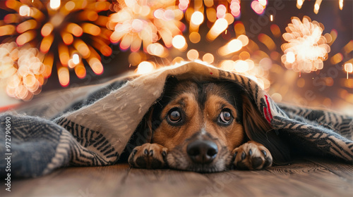 A frightened dog hiding under blankets, scared of fireworks