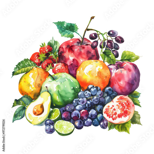 Watercolor painting of a vibrant fruit still life with apples, pears, bananas, grapes, cherries
