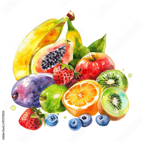 Watercolor painting of a vibrant fruit still life with apples, pears, bananas, grapes, cherries
