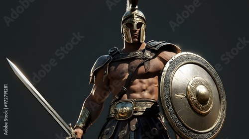 39. **3D render of a formidable gladiator in arena gear with a sword and shield