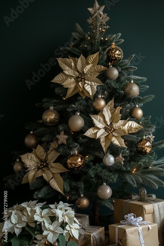 A Christmas tree decorated with metallic gold and silver ornaments, poinsettias flowersat, presents under the tree, dark green background photo