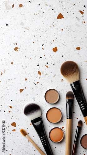 Natural eco makeup brushes browns terrazzo texture neutral palette minimal earthy aesthetic modern cosmetic flatlay natural beauty essentials stylish workspace chic banner copy space background


 photo