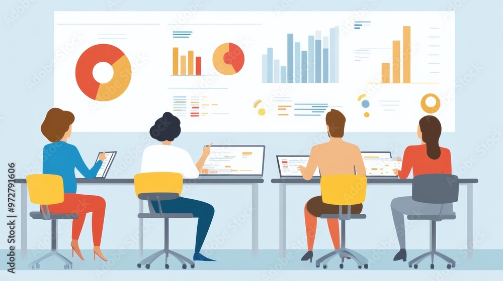 Business Team Analyzing Data Graphs Charts Meeting Office Workspace Business Team Analyzing Data Graphs Charts Meeting Office Workspace