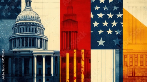 a linocut collage print of  washington d.c. scenes arranged in blocks like a quilt pattern.  americana