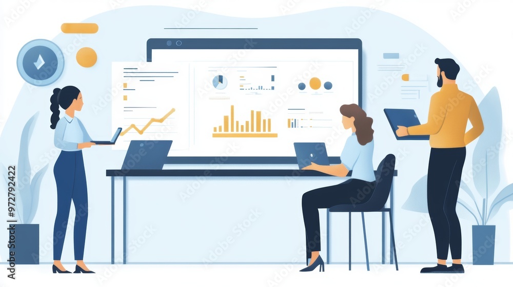 Business People Analyzing Data on Laptop and Big Screen Business People Analyzing Data on Laptop and Big Screen