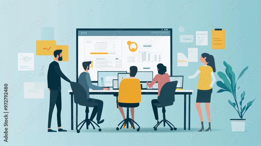 Business Team Meeting with Charts and Data on Large Monitor Business Team Meeting with Charts and Data on Large Monitor