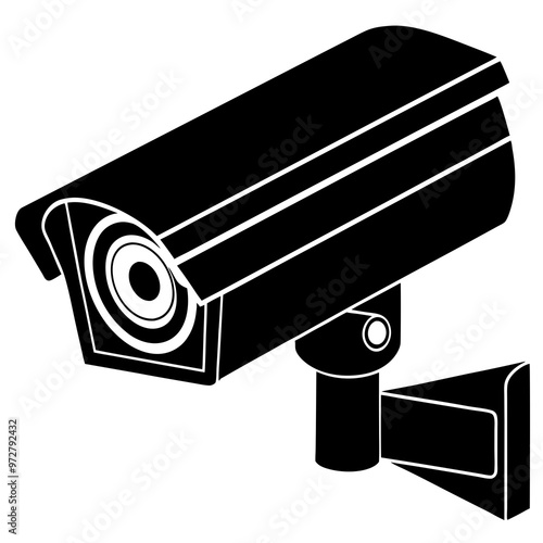 Black silhouette of a security camera isolated on white backdrop Simple graphic design of surveillance equipment. Concept of security, monitoring, safety. Print, logo, sign