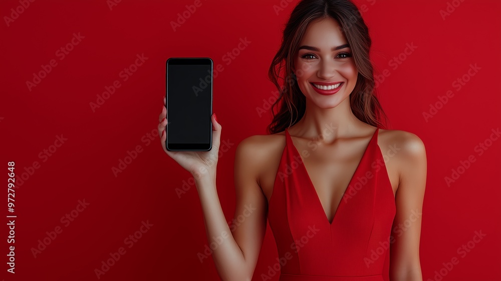 Beautiful smiling woman in red dress showing smartphone with blank screen on red background Beautiful smiling woman in red dress showing smartphone with blank screen on red background