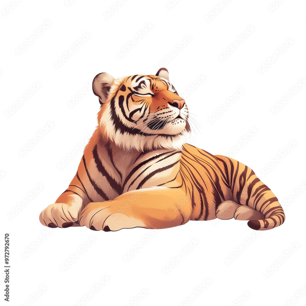 Obraz premium A serene tiger relaxing in a peaceful pose, showcasing its striking orange and black stripes, symbolizing strength and beauty.