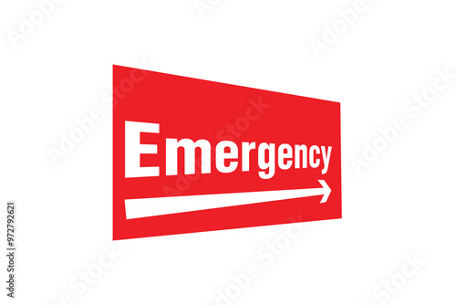 Illustration shows a red "Emergency" sign with an arrow pointing right. The vector highlights urgent situations, directing attention to emergency exits or assistance areas.