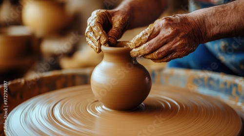 Close-up of a fingers shaping a small vase on a wheel, with spinning clay and a concentrated expression -