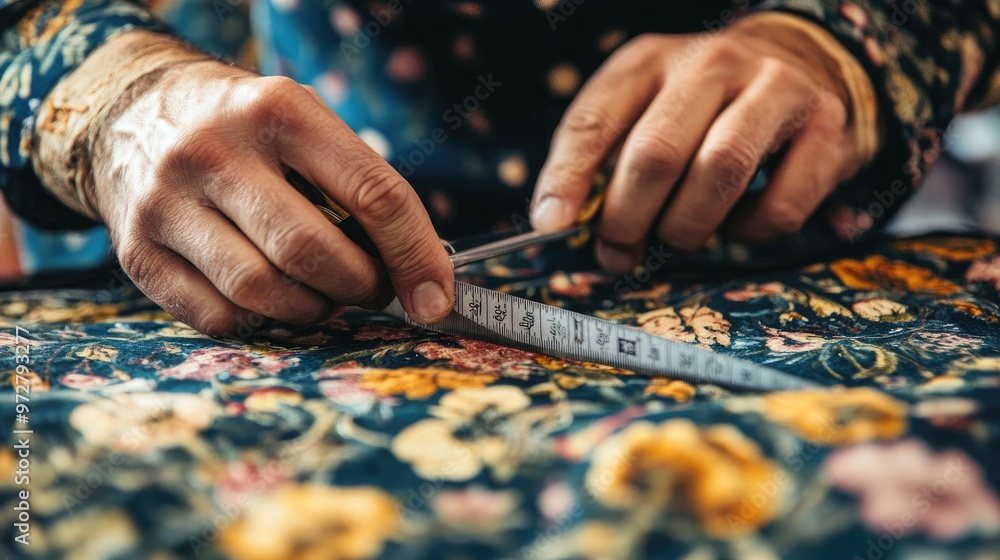 Close-up of hands cutting fabric with sharp scissors, with measuring tape and chalk markings on the fabric Close-up of hands cutting fabric with sharp scissors, with measuring tape and chalk markings on the fabric
