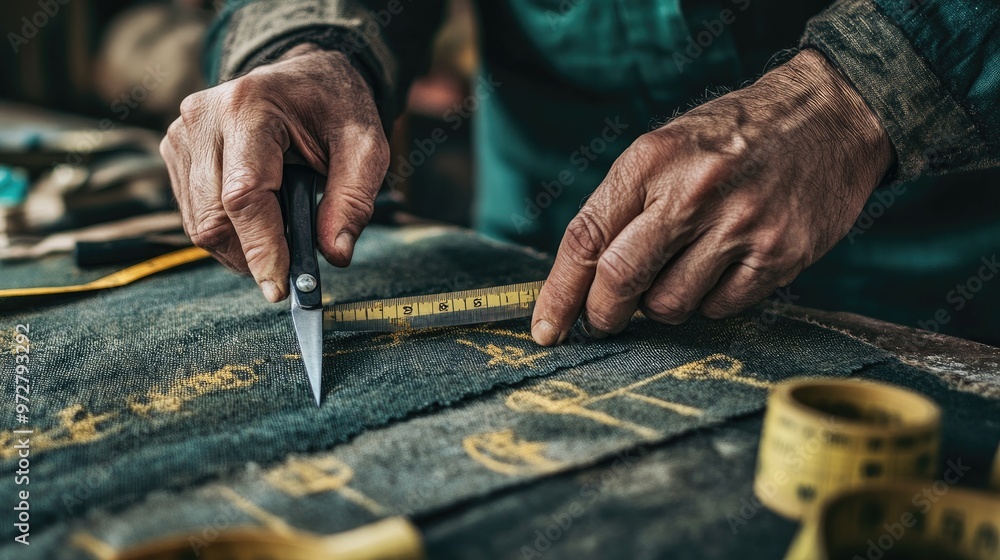 Close-up of hands cutting fabric with sharp scissors, with measuring tape and chalk markings on the fabric Close-up of hands cutting fabric with sharp scissors, with measuring tape and chalk markings on the fabric