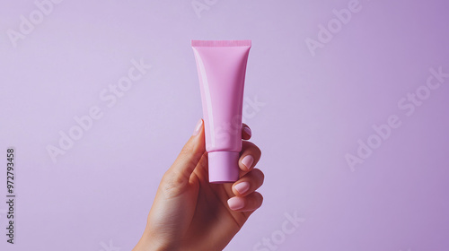 Hand holding a pink cosmetic tube against a pastel background, ideal for mockup and product design. Perfect for advertising and marketing campaigns.