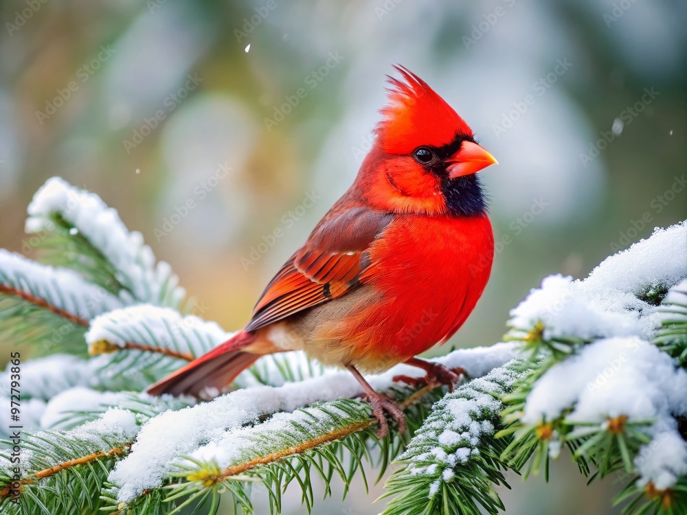 Vibrant red cardinal perched on snow-covered evergreen branch, bright plumage contrasting with soft winter wonderland Vibrant red cardinal perched on snow-covered evergreen branch, bright plumage contrasting with soft winter wonderland