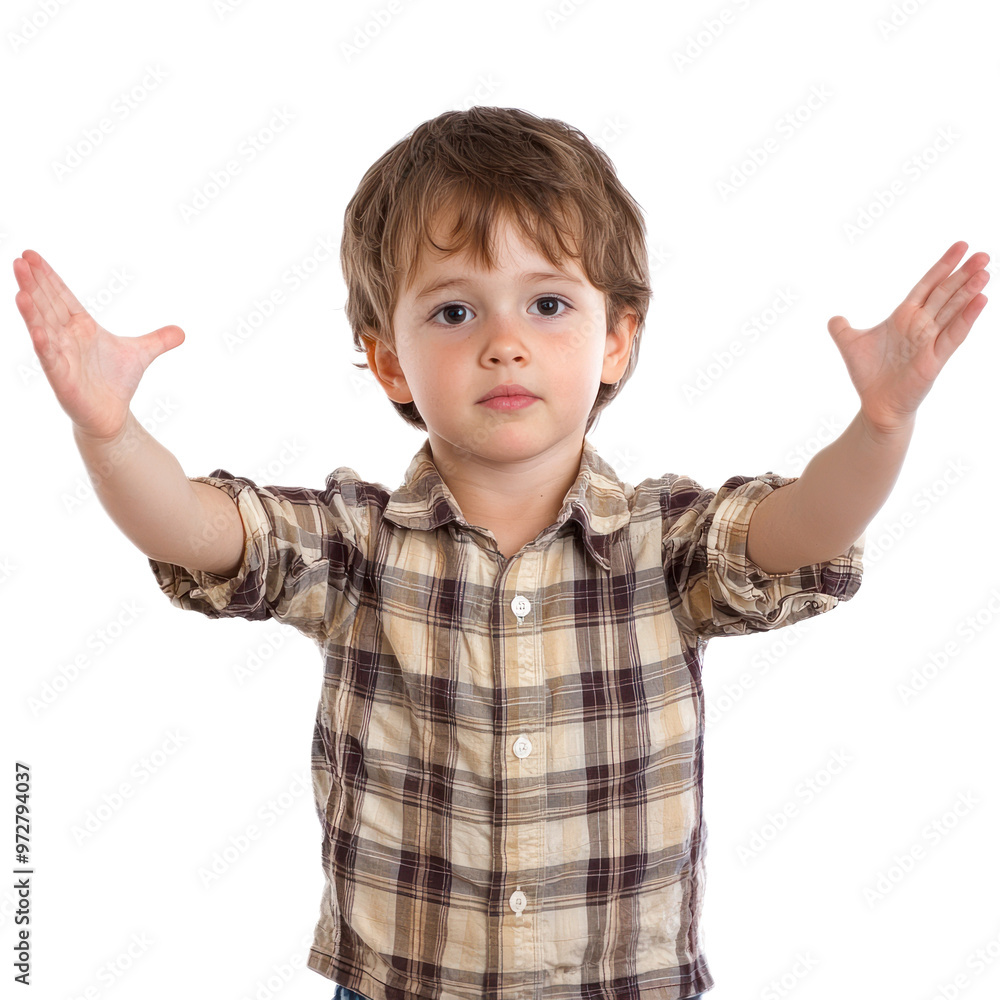 A child with arms stretched out in front, palms facing out, and a determined expression. isolated on transparency background A child with arms stretched out in front, palms facing out, and a determined expression. isolated on transparency background