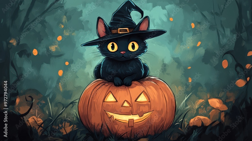Halloween black cat with pumpkin and witch hat Halloween black cat with pumpkin and witch hat