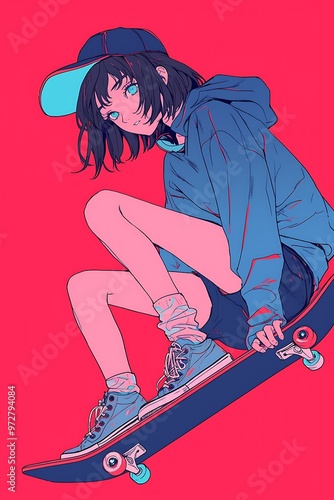 Anime Girl Skateboarding in a Red Background