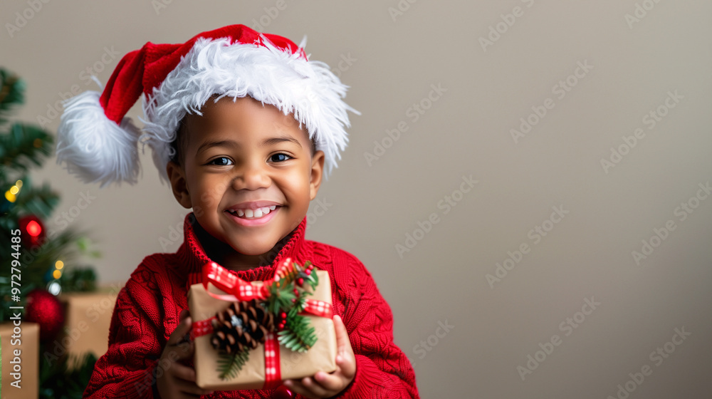 A cute and happy African American black boy dressing in red winter clothes, wearing a Santa hat and holding a gift box on a Christmas party background with copy space for text. Beige color tone. A cute and happy African American black boy dressing in red winter clothes, wearing a Santa hat and holding a gift box on a Christmas party background with copy space for text. Beige color tone.