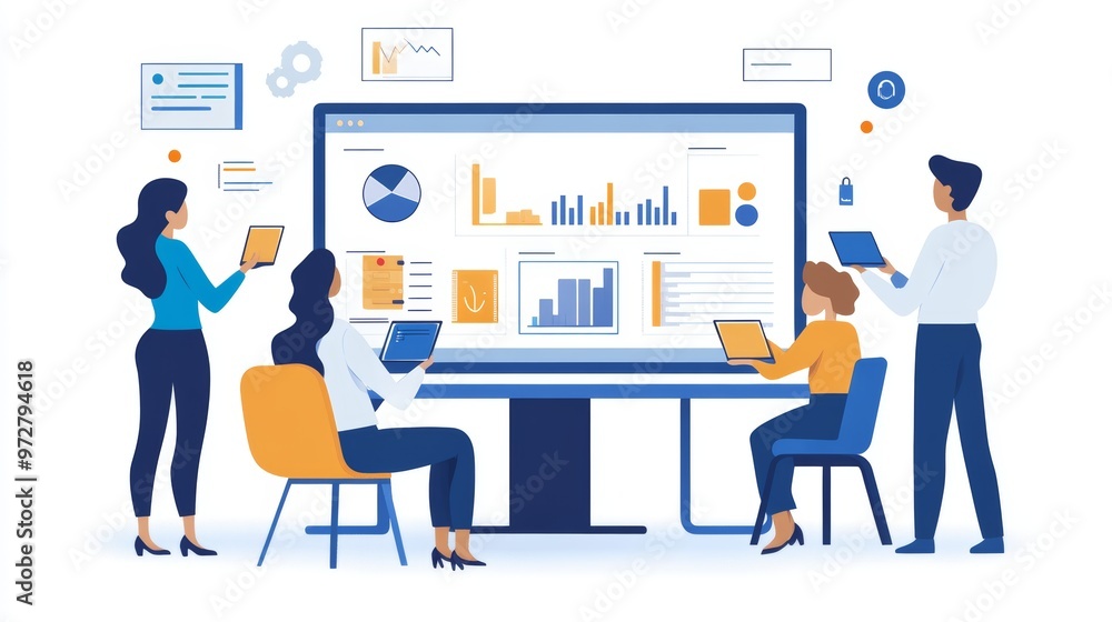 Business Team Analyzing Data on Large Monitor Business Team Analyzing Data on Large Monitor