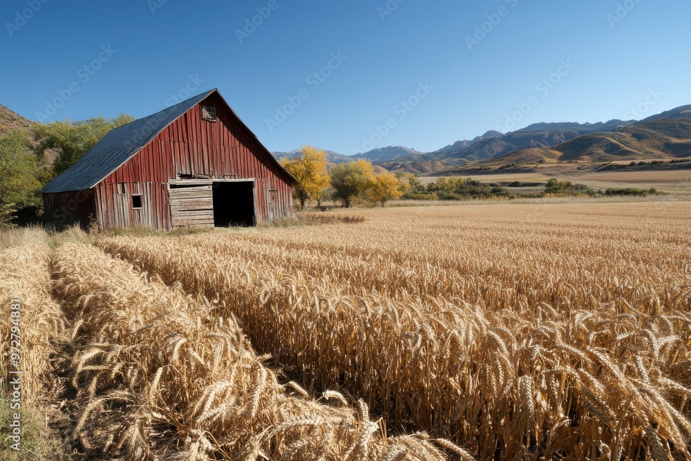 A charming, rustic barn situated within a golden wheat field, with the backdrop of a picturesque rural landscape, creating a calm and serene environment. A charming, rustic barn situated within a golden wheat field, with the backdrop of a picturesque rural landscape, creating a calm and serene environment.