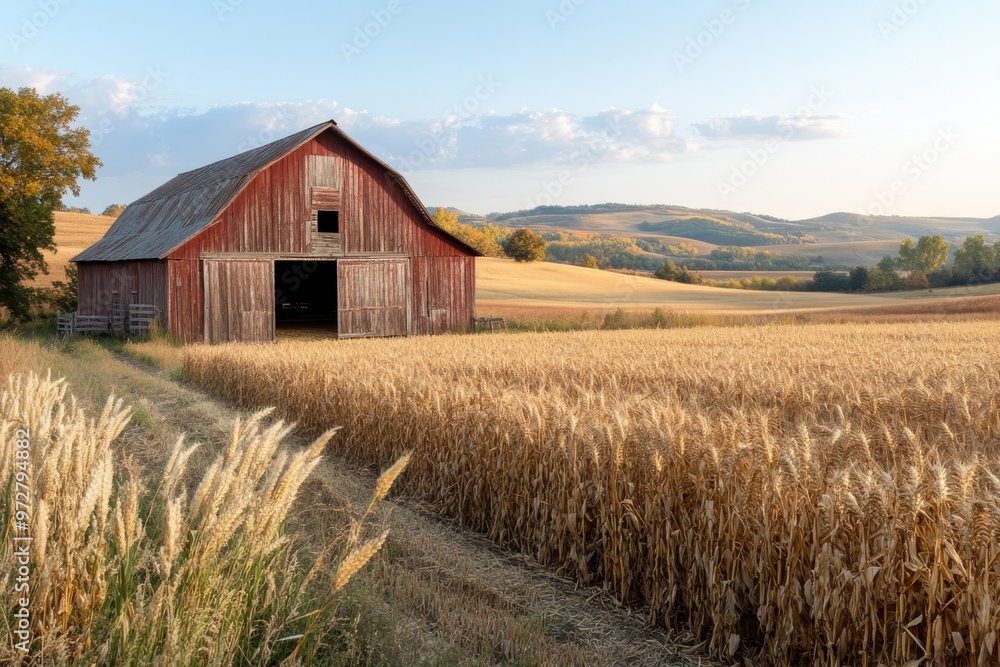 A rustic barn surrounded by a sprawling golden wheat field with rolling hills in the background, offering a serene and picturesque agricultural scene. A rustic barn surrounded by a sprawling golden wheat field with rolling hills in the background, offering a serene and picturesque agricultural scene.