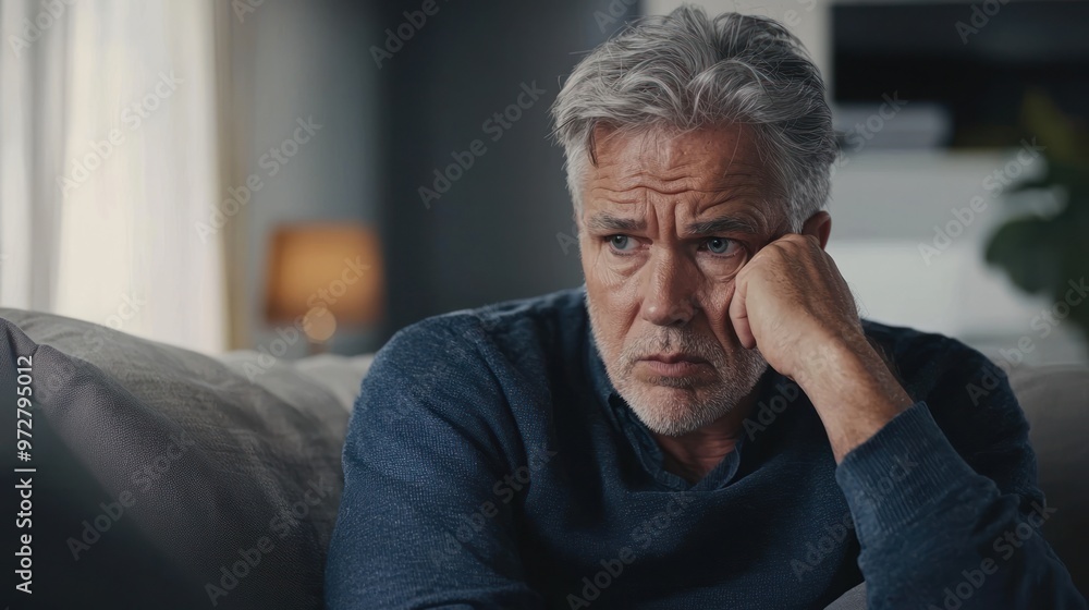A lonely and upset senior gray-haired man is sitting on the sofa at home, leaning his head thoughtfully on his hand,Generative AI. A lonely and upset senior gray-haired man is sitting on the sofa at home, leaning his head thoughtfully on his hand,Generative AI.