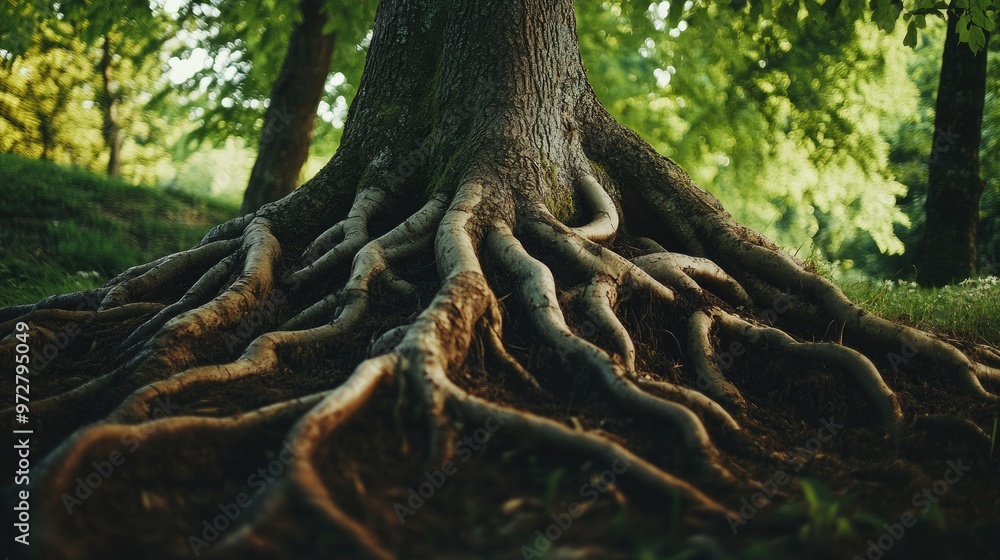Obraz premium Intertwined roots of a tree, symbolizing deep connections and mutual support in nature