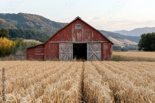 An old red barn standing amidst a golden wheat field with a scenic valley view in the background, representing the essence of rural agriculture and harvest season.