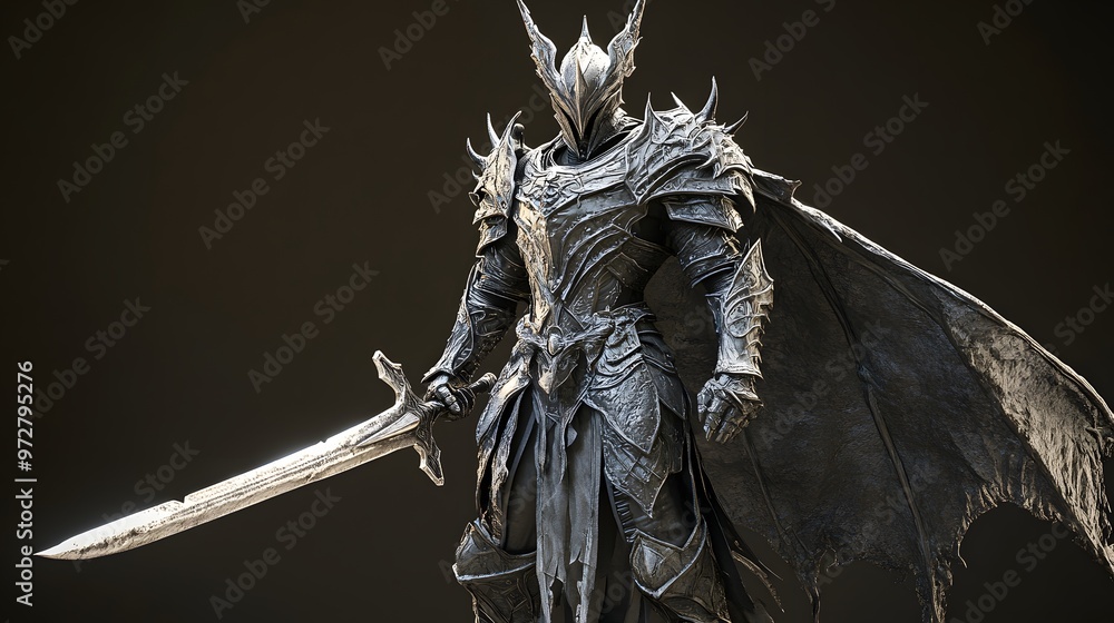 Fototapeta premium 29. **Charming 3D model of a fearsome dragon knight in scaled armor with a sword