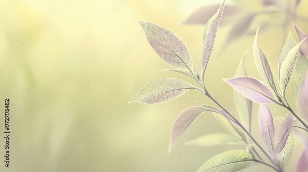 Obraz premium Pastel-toned botanical details in a tranquil setting Illustrate or photograph detailed botanical elements like leaves, flowers, and stems in pastel tones, set against a tranquil, soft background. Use