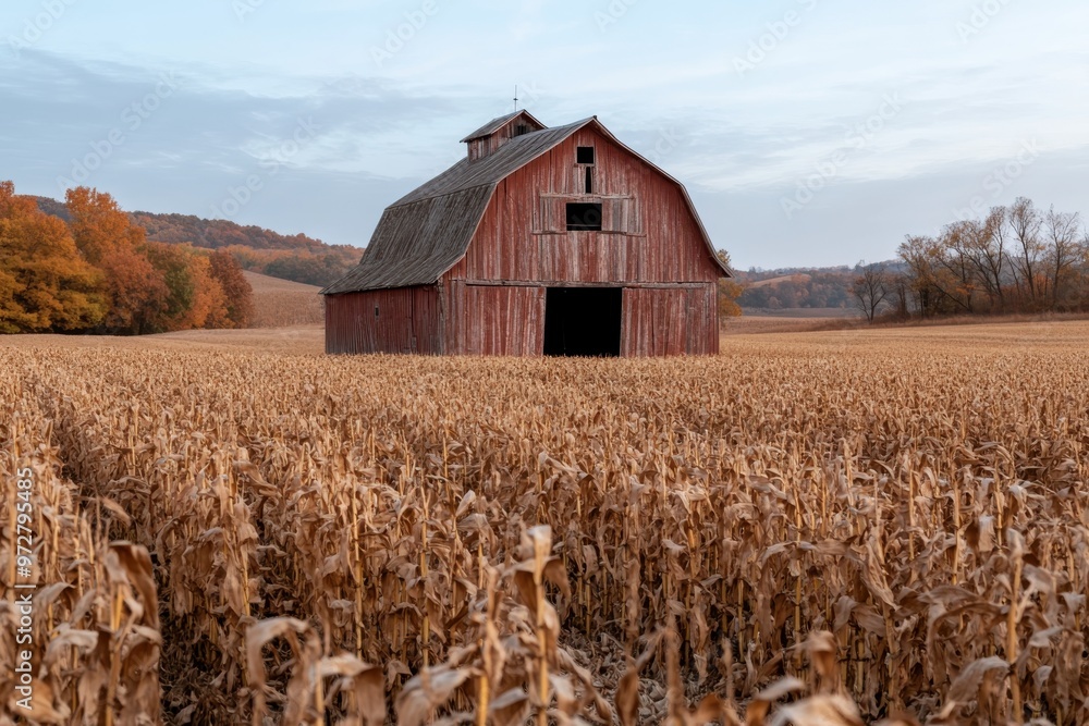 A weathered barn sits amid a brown cornfield under a partly cloudy sky, surrounded by autumn foliage. The serene atmosphere reflects the quietness of rural life. A weathered barn sits amid a brown cornfield under a partly cloudy sky, surrounded by autumn foliage. The serene atmosphere reflects the quietness of rural life.