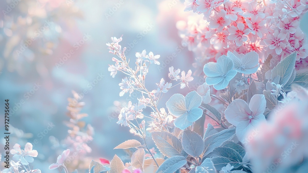 Whimsical pastel garden scene Create a whimsical garden scene featuring flowers, leaves, and other botanical elements in pastel shades like baby blue, soft pink, and pale green. Arrange these Whimsical pastel garden scene Create a whimsical garden scene featuring flowers, leaves, and other botanical elements in pastel shades like baby blue, soft pink, and pale green. Arrange these