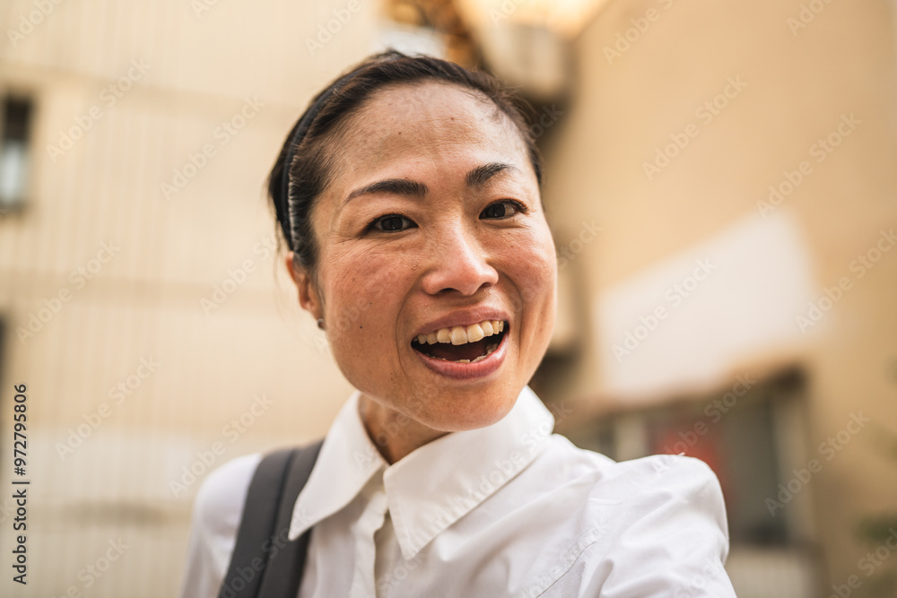 Self portrait of japanese woman stan in front the modern buildings Self portrait of japanese woman stan in front the modern buildings