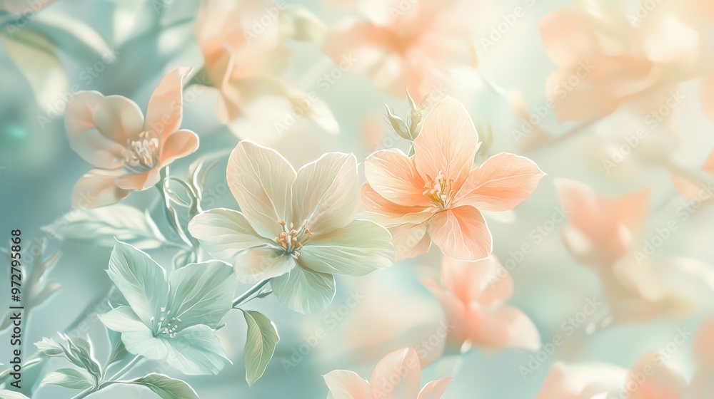 Softly glowing pastel flora Illustrate or photograph flora with a softly glowing effect, using pastel colors such as light peach, mint green, and pale lavender. Focus on creating a gentle glow around Softly glowing pastel flora Illustrate or photograph flora with a softly glowing effect, using pastel colors such as light peach, mint green, and pale lavender. Focus on creating a gentle glow around